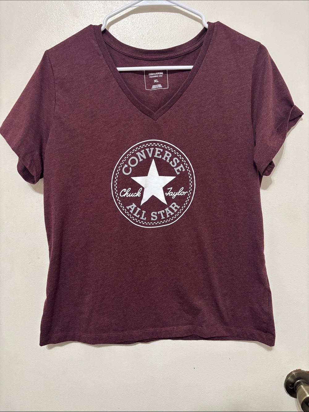 Converse Women's V-Neck Tee in Maroon with White All Star Logo